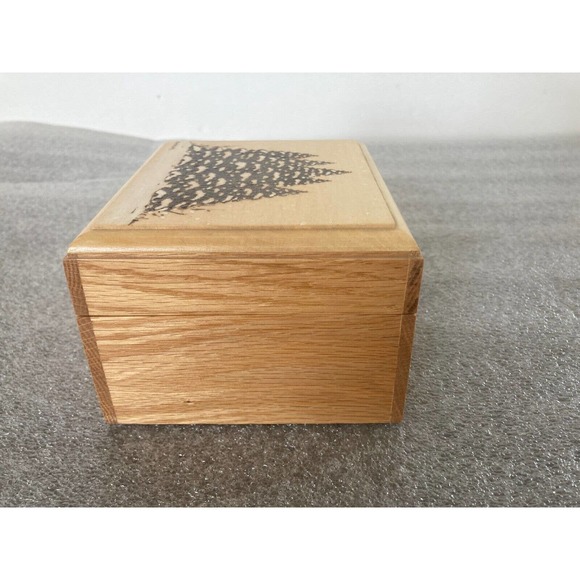 Wooden Jewelry Trinket Momento Box Engraved Snow on Evergreen Trees Signed - Picture 4 of 6